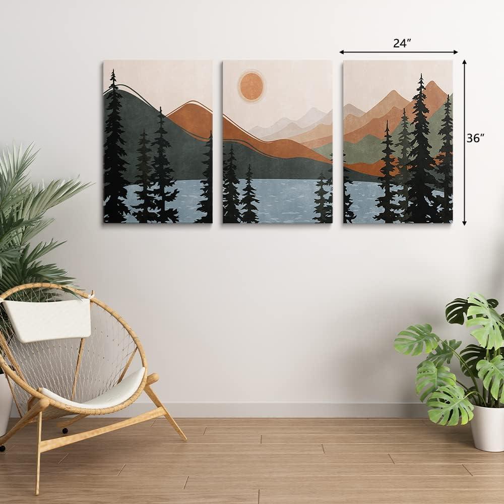 Boho Wall Art, Mid Century Modern Wall Art, Set of 3 Framed Canvas Wall Art Prints 12"x16" Abstract Geometric Neutral Sage Green Boho Artwork Wall Decor for Bedroom Living Room Bathroom
