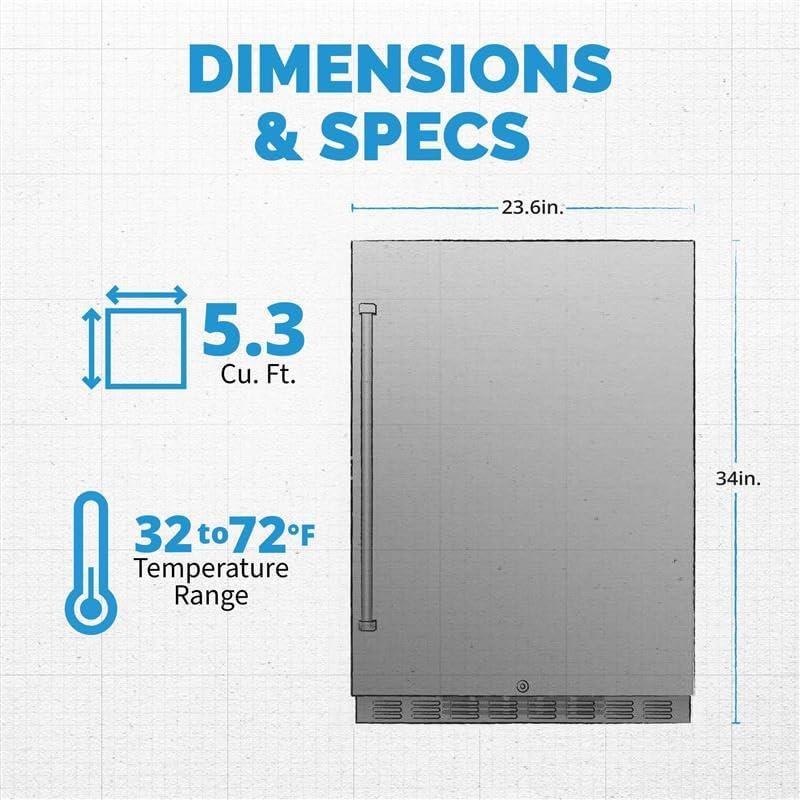 Newair 24" 5.3 Cu. Ft. Commercial Stainless Steel Built-in Beverage Refrigerator, Steel Interior, Weatherproof and Outdoor Rated, ENERGY STAR