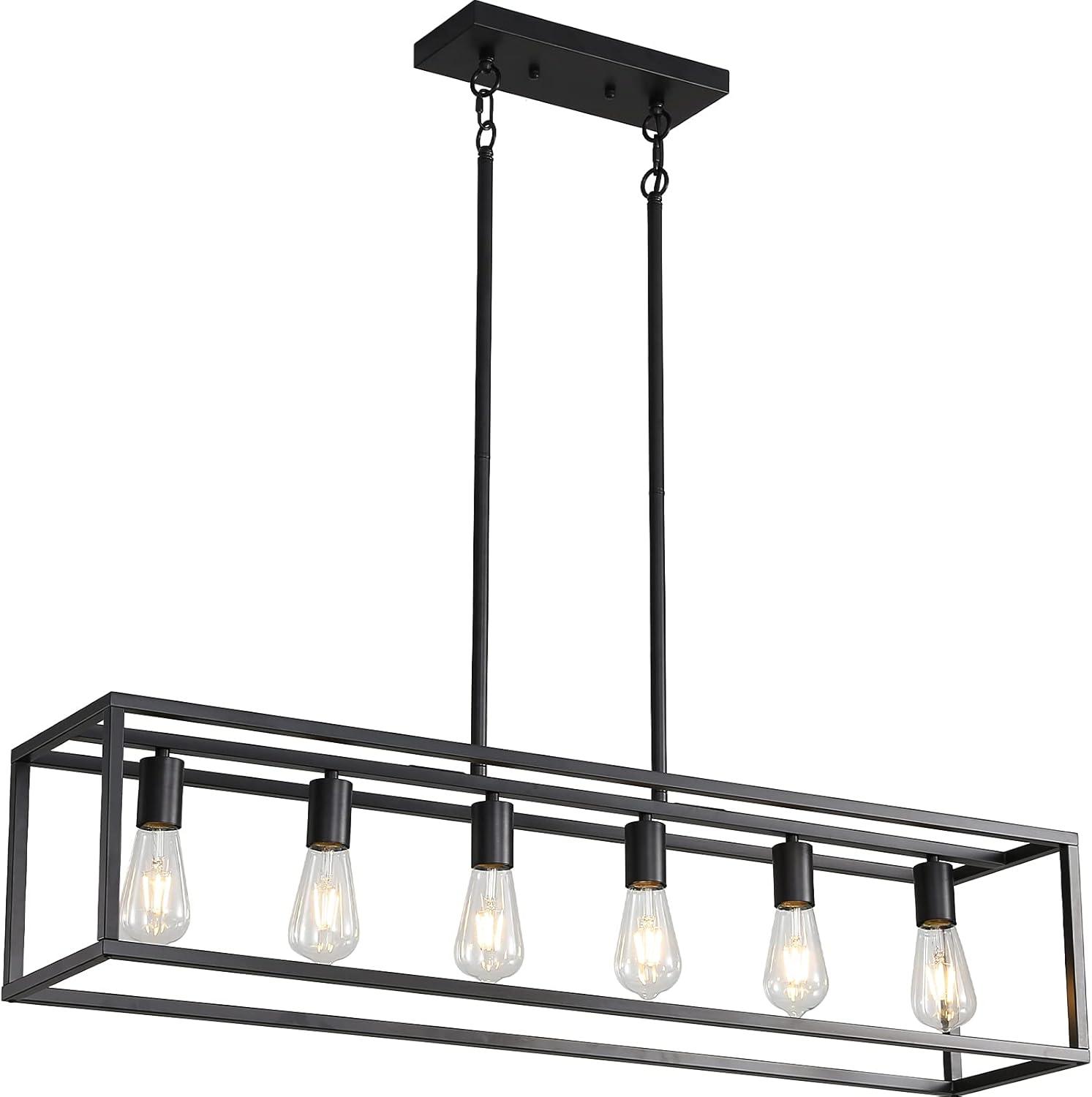 6 Light Rectangle Chandelier Contemporary Farmhouse Linear Pendant Lighting Black Industrial Vintage Kitchen Island Metal Cage Ceiling Light Fixture