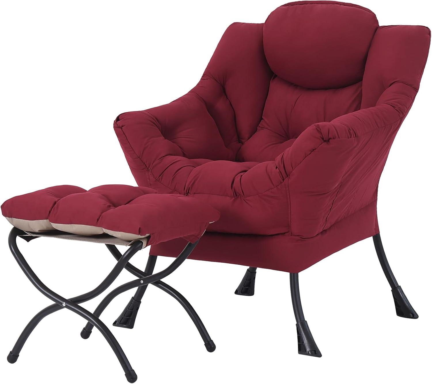 Burgundy Velvet Accent Chair with Ottoman and Metal Frame