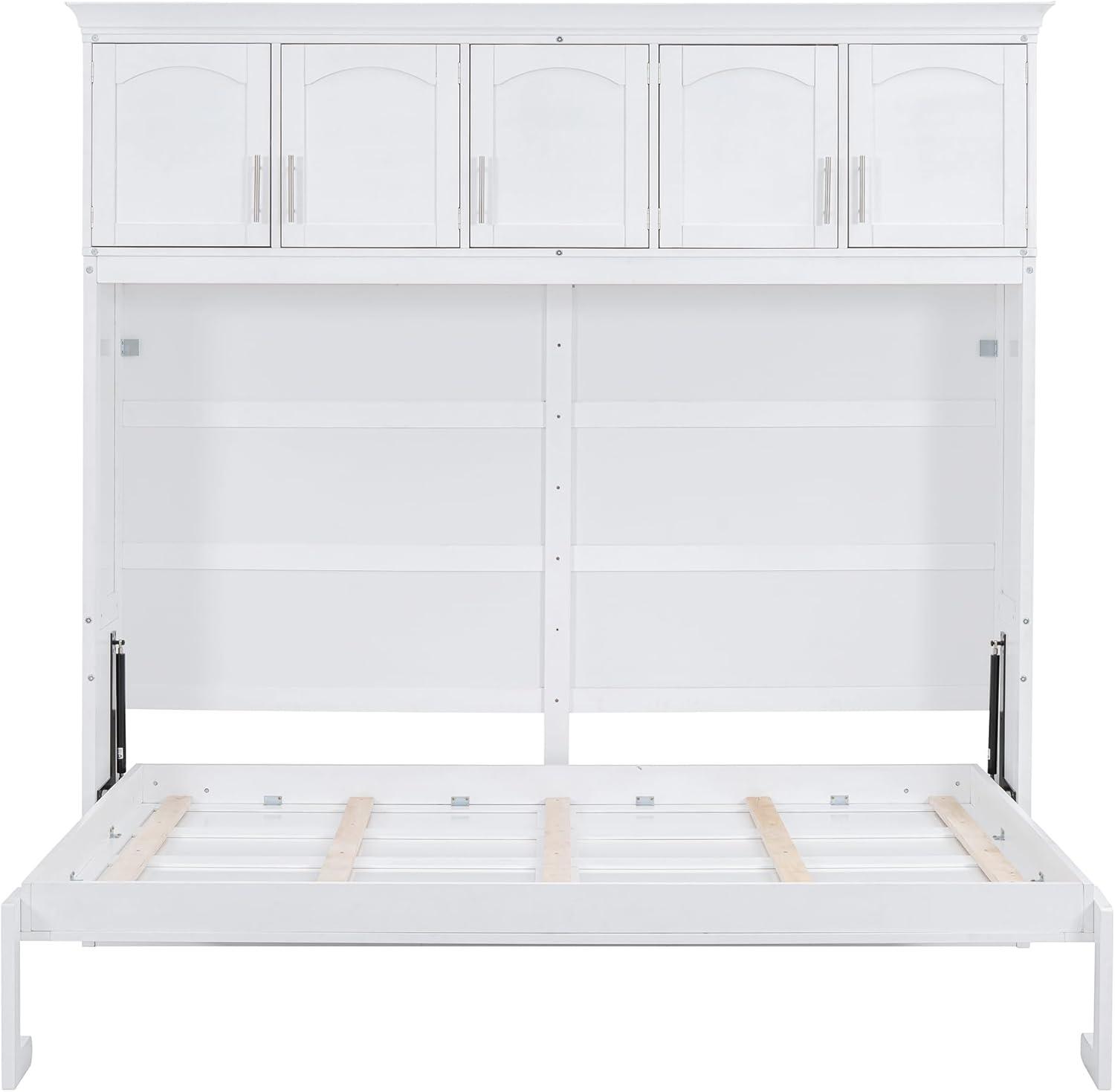 White Queen Size Murphy Bed with Storage Cabinets and Slats
