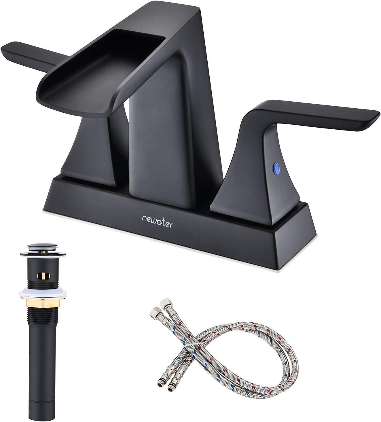 Matte Black 4-Inch Brass Waterfall Bathroom Faucet with Pop-up Drain