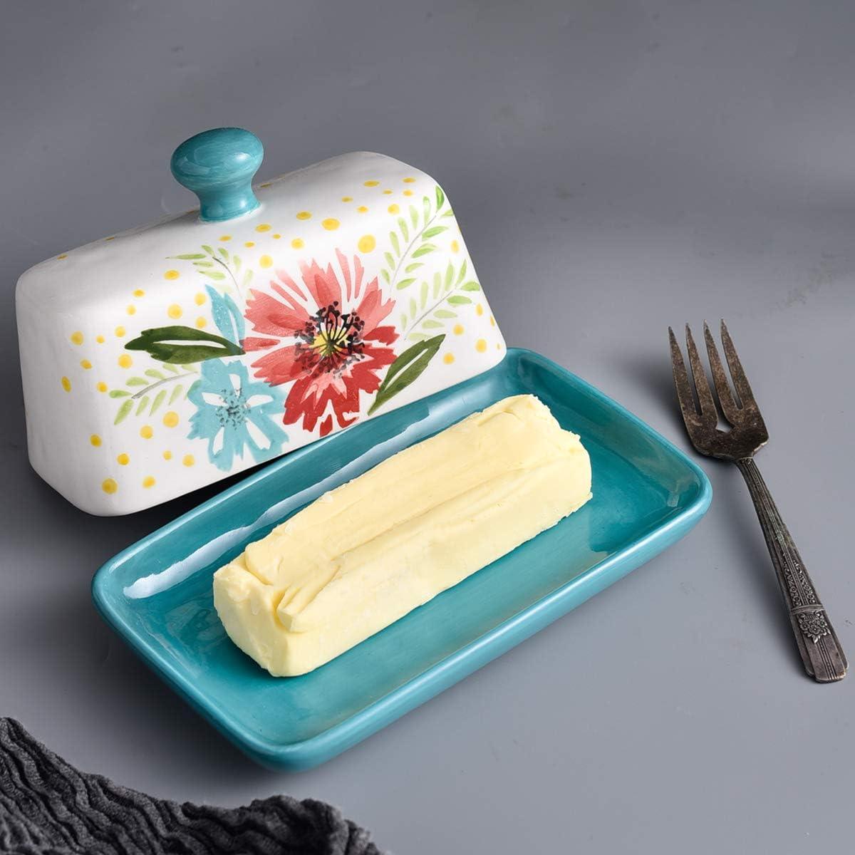 Hand-Painted Floral Ceramic Butter Dish with Lid