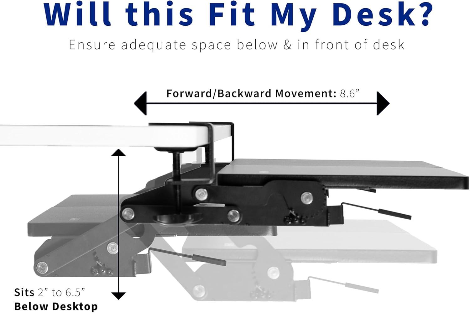 Black Adjustable Clamp-On Keyboard Tray with Swinging Height Adjustment