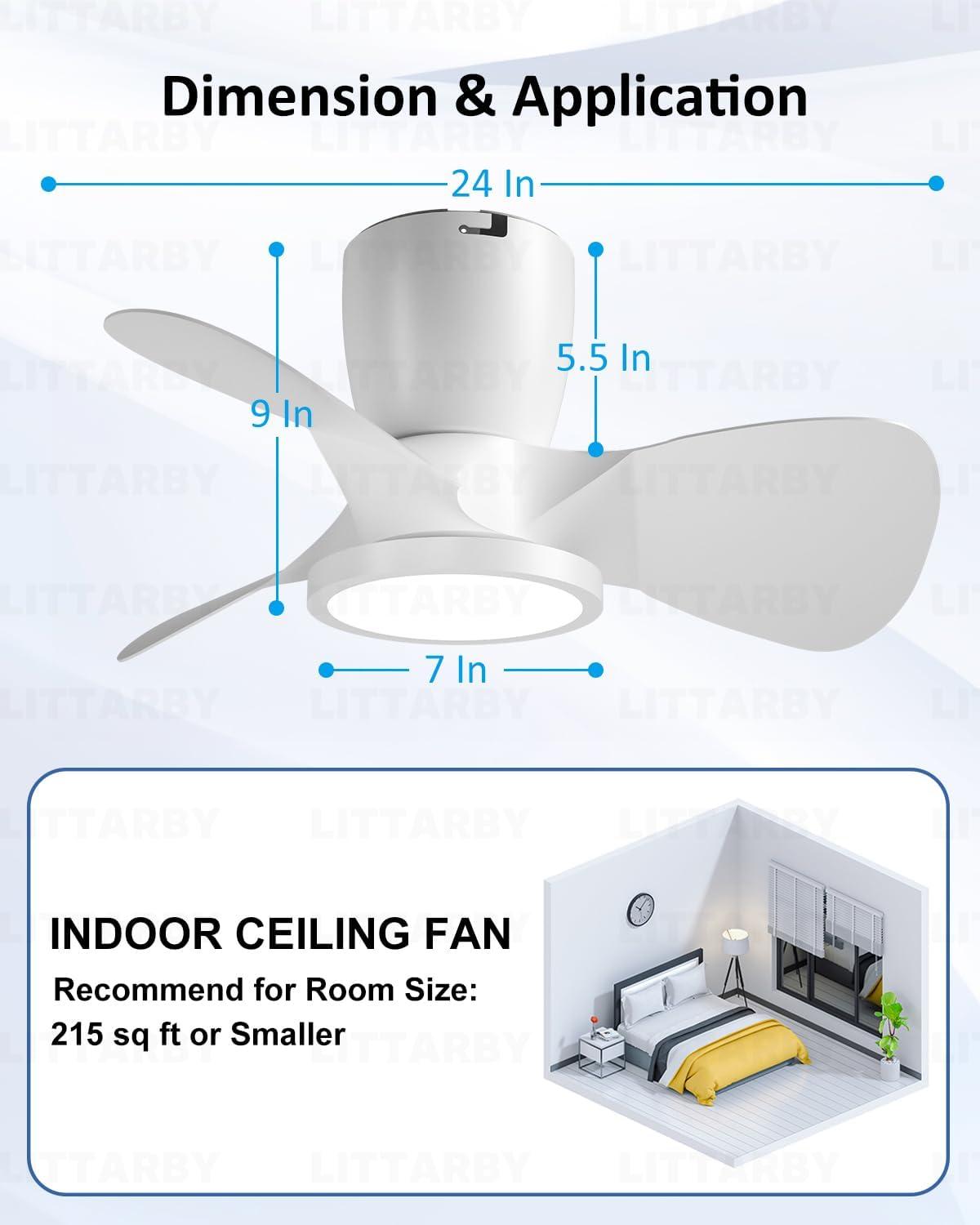Ceiling Fans with Lights and Remote, 24 Inch Reversible Black Modern Dimmable 3CCT Flush Mount Ceiling Fans, Small Low Profile Ceiling Fan with Light for Bedroom, Kitchen, Living/Kids/Dining Room