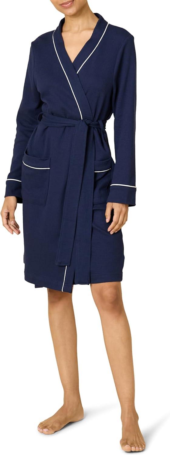 Navy Waffle Knit Cotton Blend Kimono Bathrobe