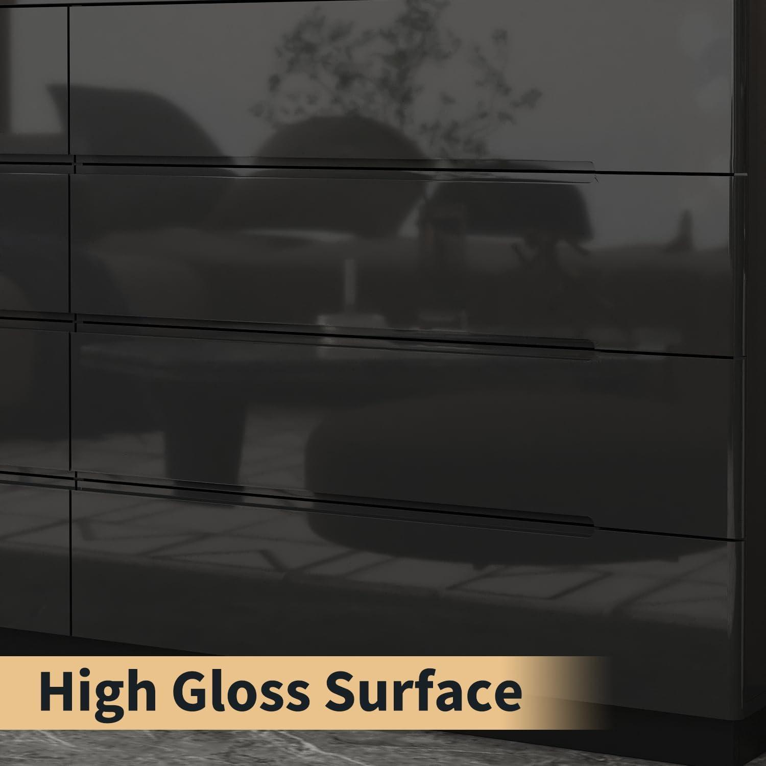 Black 8-Drawer 63 in. W Wood Double Dresser Chest of Drawers Bedroom Storage Organizer in With High Gloss and LED Lights