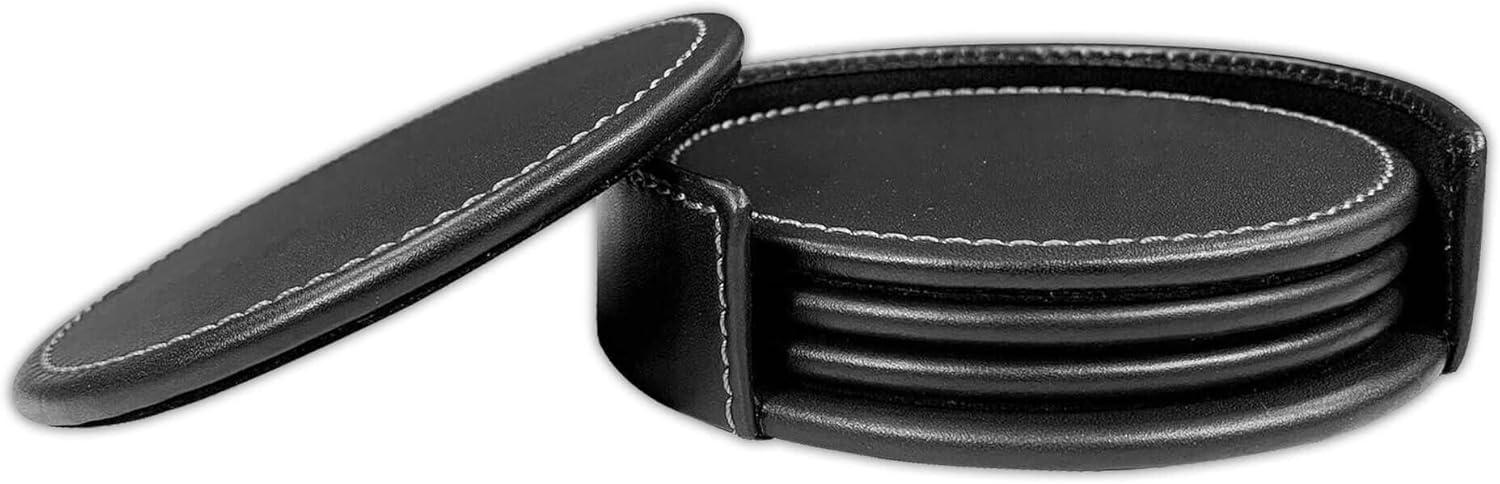 Rustic Black Leather 4-Round Coaster Set