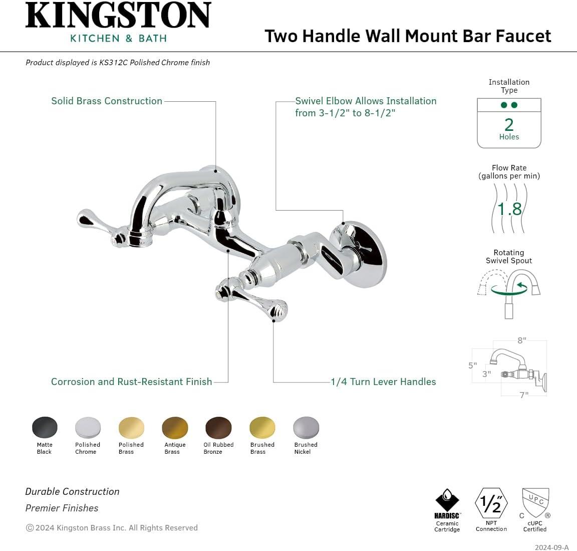 Kingston Brass Kingston Two-Handle 2-Hole Wall Mount Bar Faucet