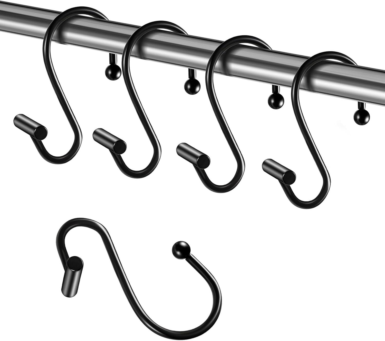 Black Shower Curtain Hooks, Metal Rust Proof Shower Curtain Rings for Shower Curtain & Liner, Decorative Shower Hooks for Bathroom Curtain and Shower Rod, Set of 12