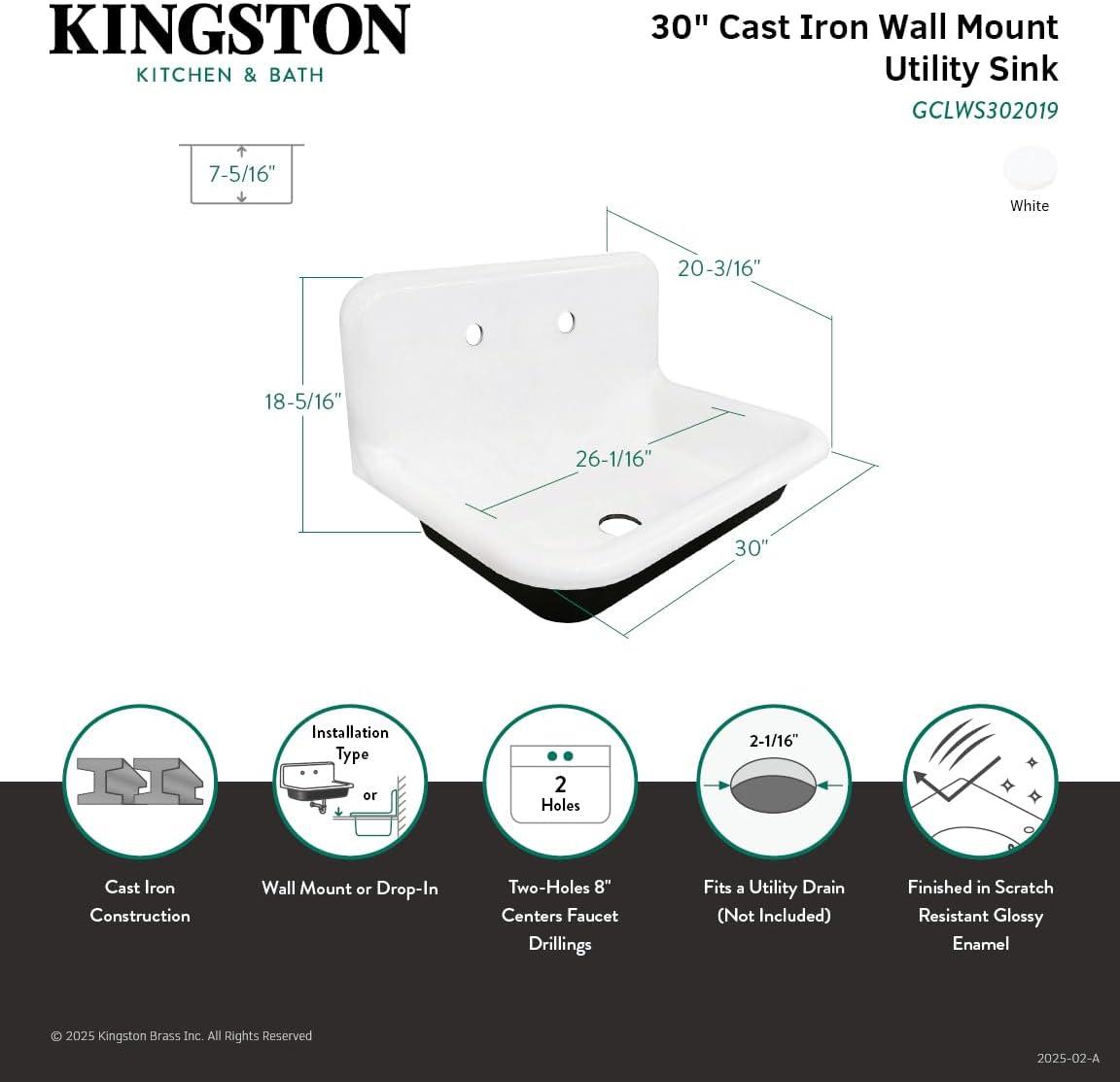 Kingston Brass Towne 30-Inch Cast Iron Wall Mount 2-Hole Single Bowl Kitchen Sink