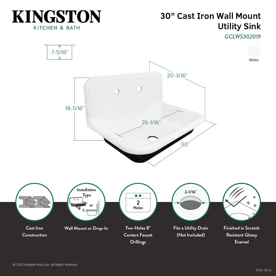 Kingston Brass Towne 30-Inch Cast Iron Wall Mount 2-Hole Single Bowl Kitchen Sink