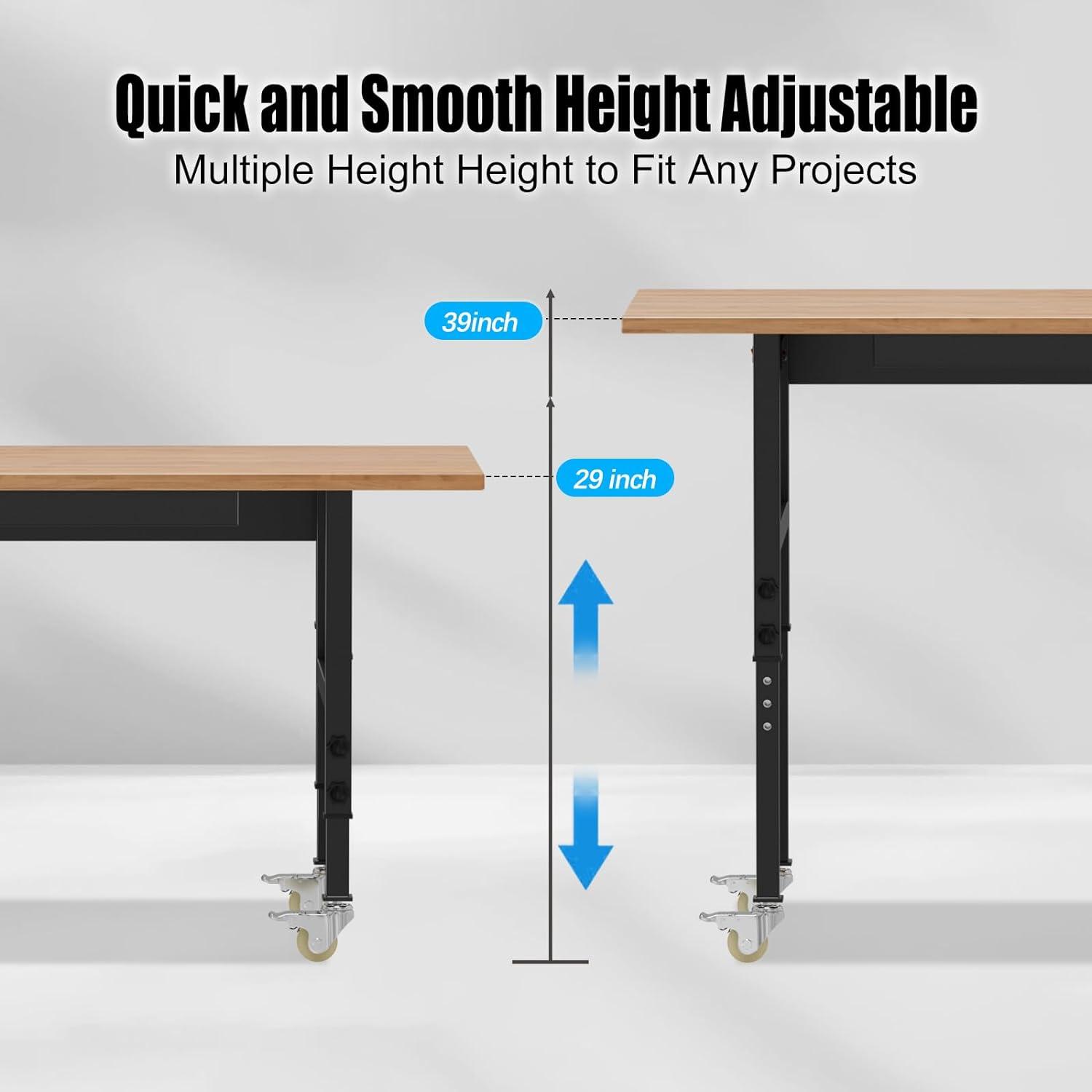 48” Heavy-Duty Solid Wood Work Bench Work Table with Wheels, Adjustable Height Portable Workbench with Power Outlets, 3000 Lbs Capacity Workstation for Garage, Workshop, Office, Shop, Outdoor