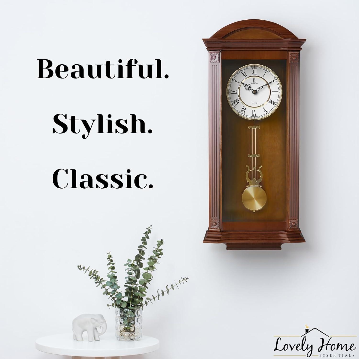 Pendulum Wall Clock Battery Operated - Large, Wooden Hanging Grandfather Wall Clock with Pendulum, 27x11 - Quiet, Made with Real Wood for Living Room Decor, Office & Home Décor Gift