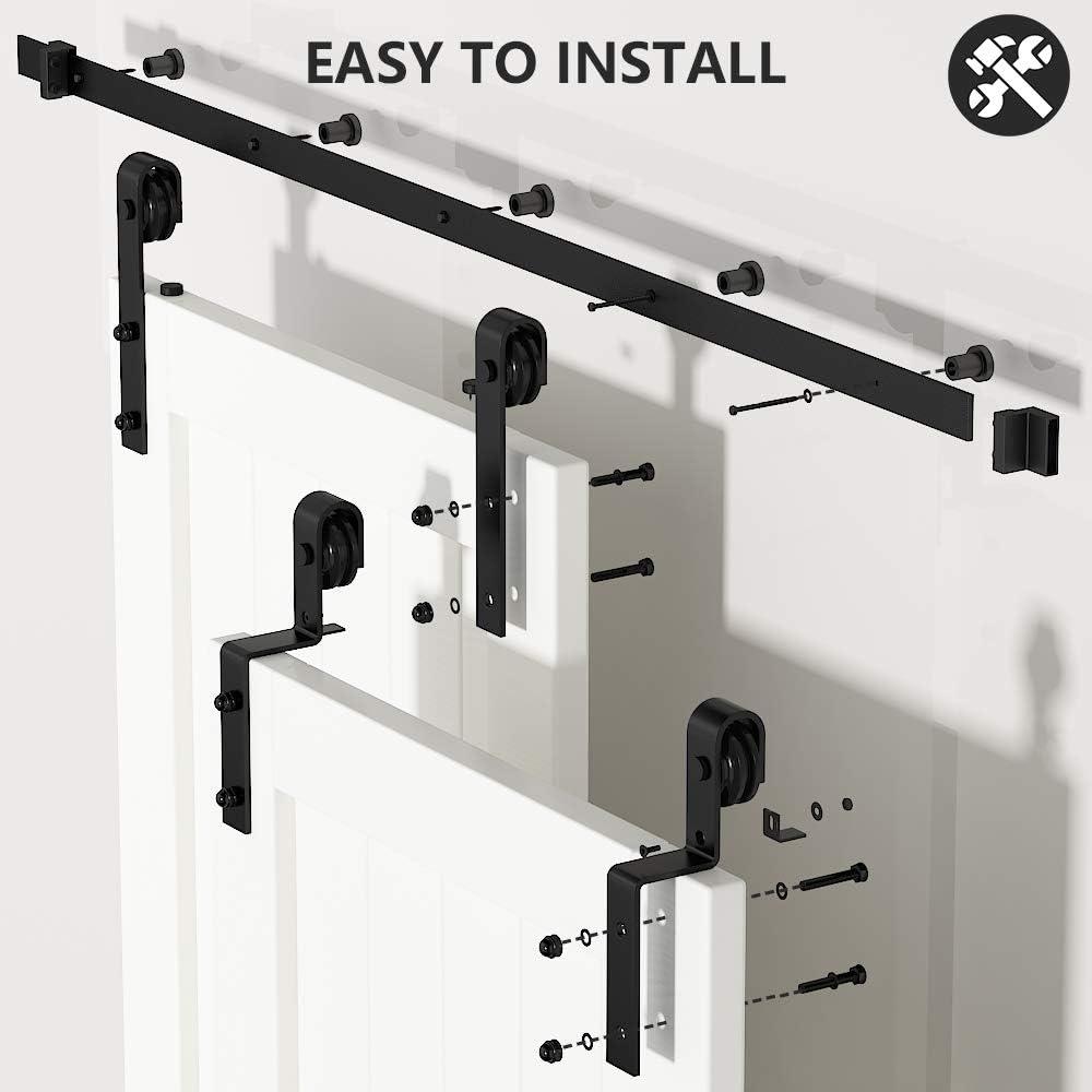 skysen 5.5FT Heavy Duty Sliding Barn Door Hardware Single Track Bypass Double Door Kit Black(Bypass J Shape-1)