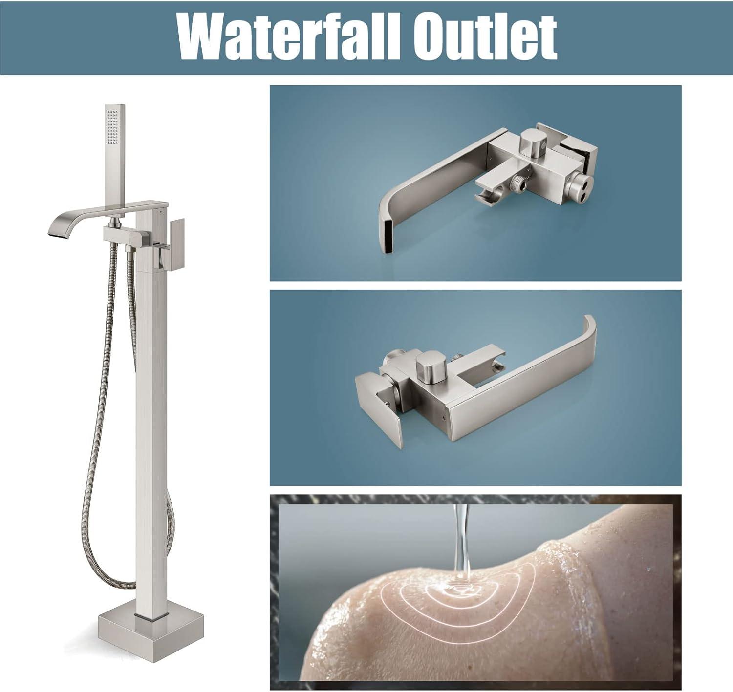 Waterfall Tub Filler Freestanding Bathtub Faucet Floor Mount Brass Single Handle Bathroom Faucets with Hand Shower