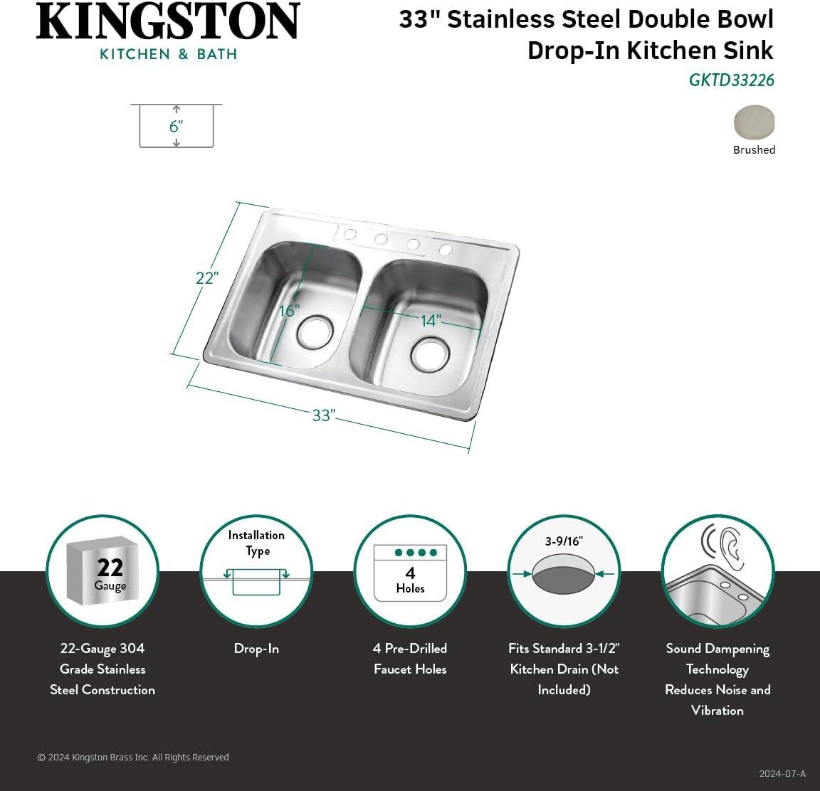 Kingston Brass Studio 33-Inch Stainless Steel Self-Rimming 4-Hole Double Bowl Drop-In Kitchen Sink