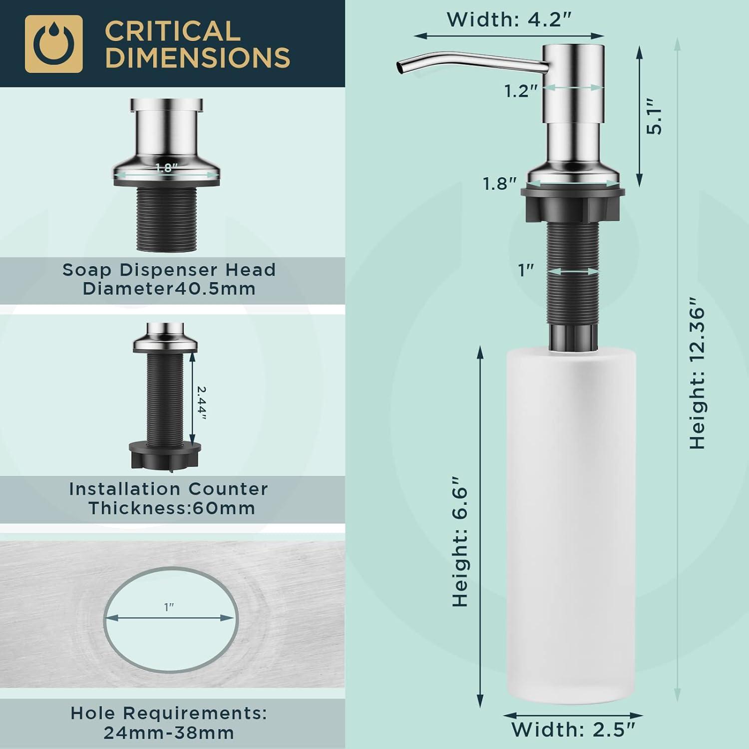 FORIOUS Brushed Nickel Soap Dispenser for Kitchen Sink with 500ML/18OZ Bottle, Lotion Dispenser Built in Refill from The Top for Countertop Sink