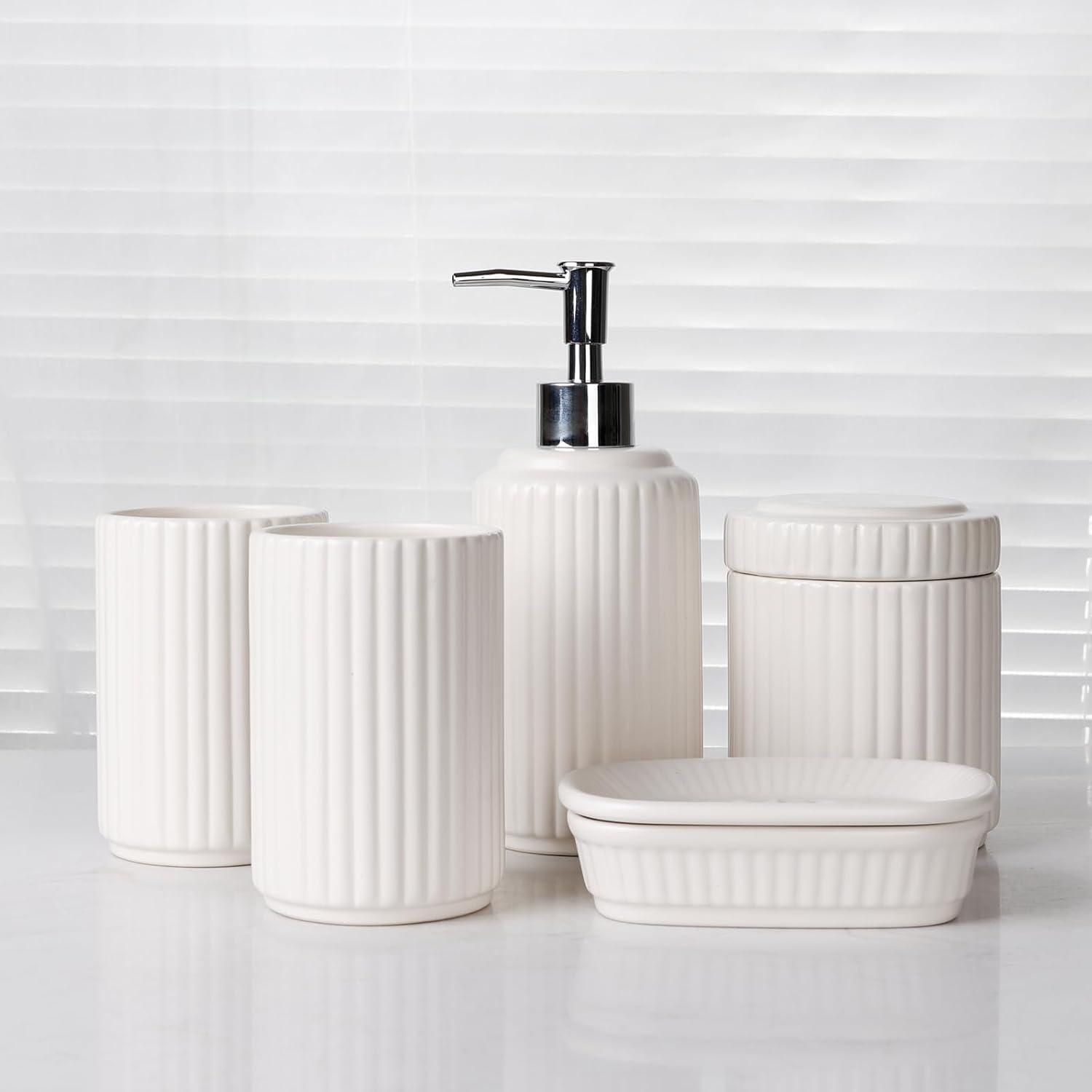 Cream White Ceramic and Metal Bathroom Accessory Set