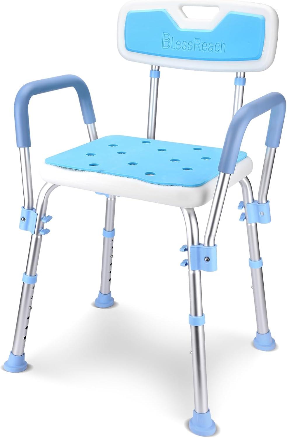 Adjustable White and Blue Shower Chair with Arms and Storage