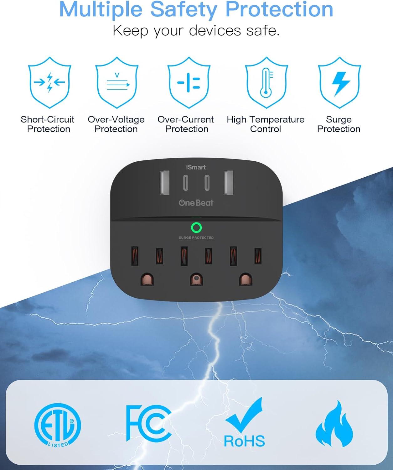 White Compact Surge Protector Wall Tap with USB Ports