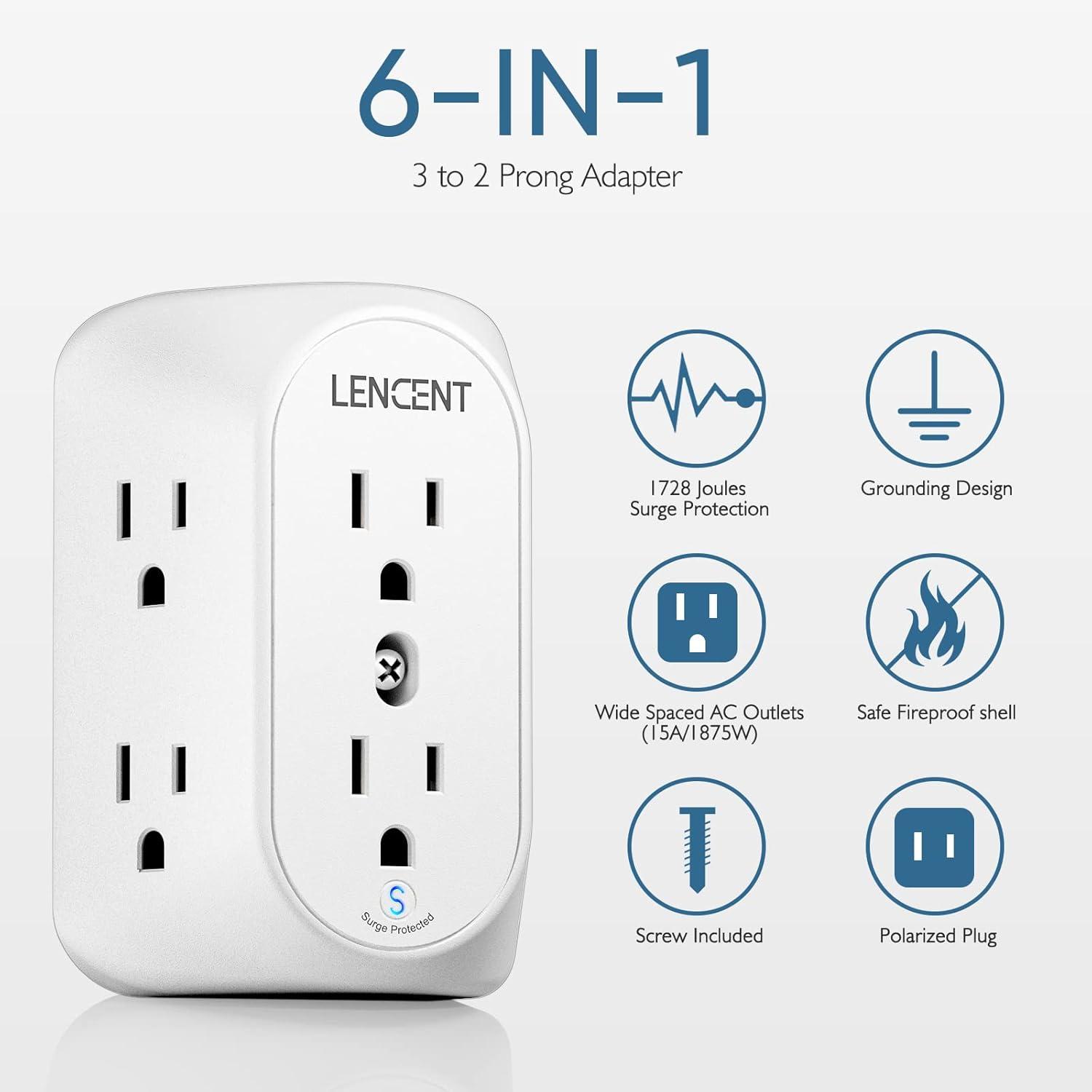 LENCENT Outlet Extender,Multi Wall Plug 2 to 3 Prong Outlet Adapter,6 Way Outlet Surge Protector,Wall Tap for Non-Grounded Outlet splitter