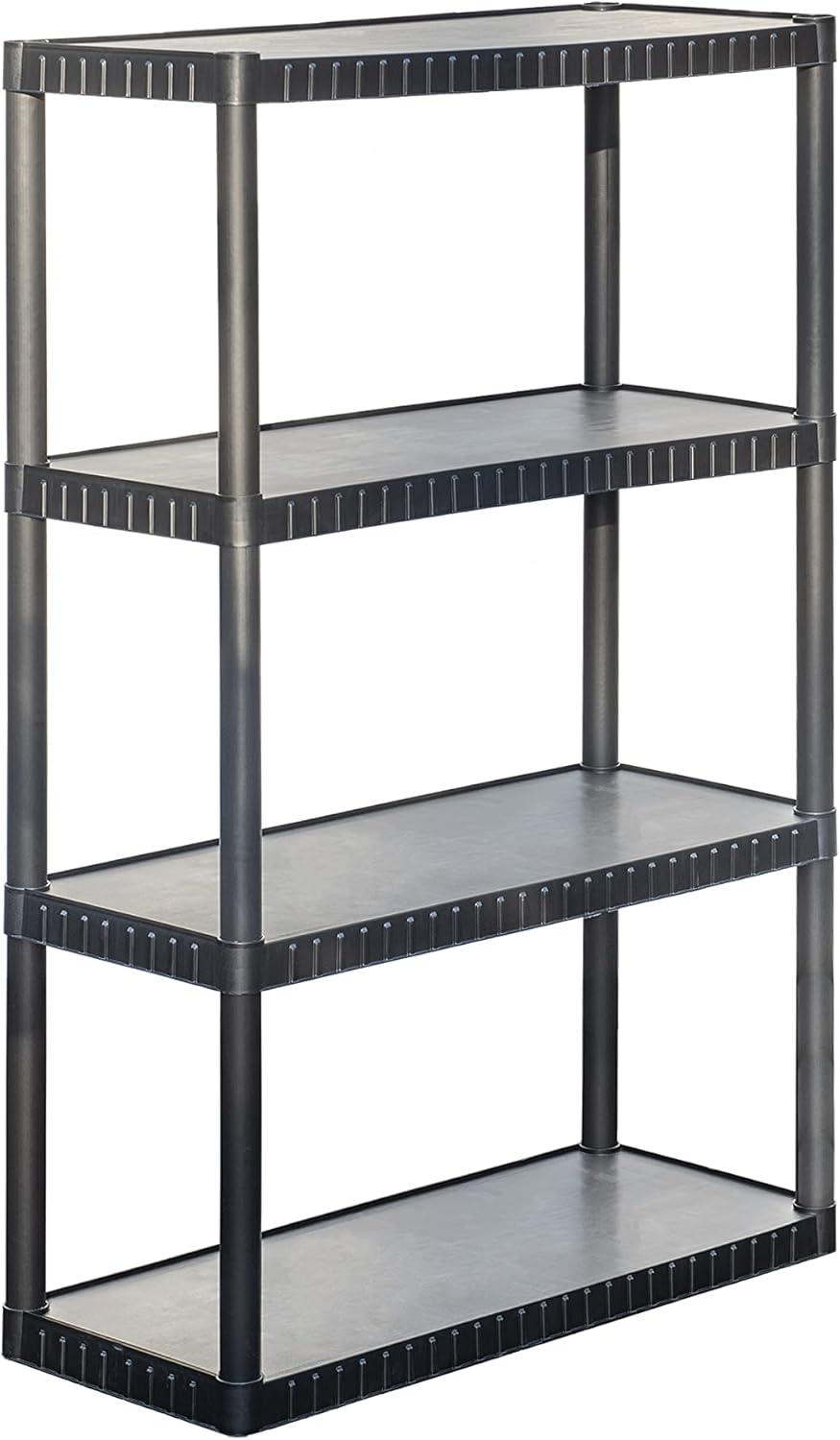 4-Tier Medium Duty Solid Storage Shelf, 75lbs/Shelf (52.1”H x 34.8”W x 14.6”D), Plastic Shelving Unit for Garage, Storage Room, Black