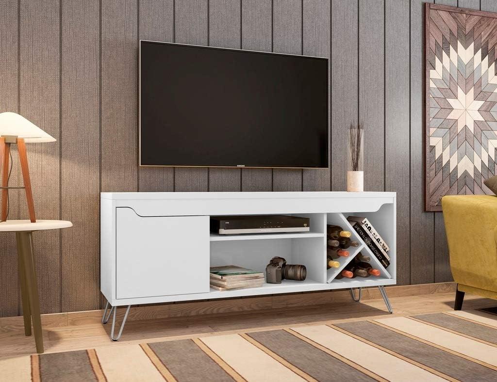 Manhattan Comfort 216BMC6 Baxter Mid-Century- Modern TV Stand with Wine Rack in White, 23.03 x 53.54 x 14.17 in.