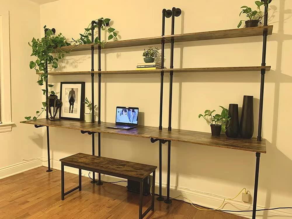 ZIOTHUM Industrial Wall Mount Desk with Shelves, Ladder Style Computer Laptop Desk, Floating Table with Storage, Industrial Pipe Bookcase for Home Office (36x20x81)