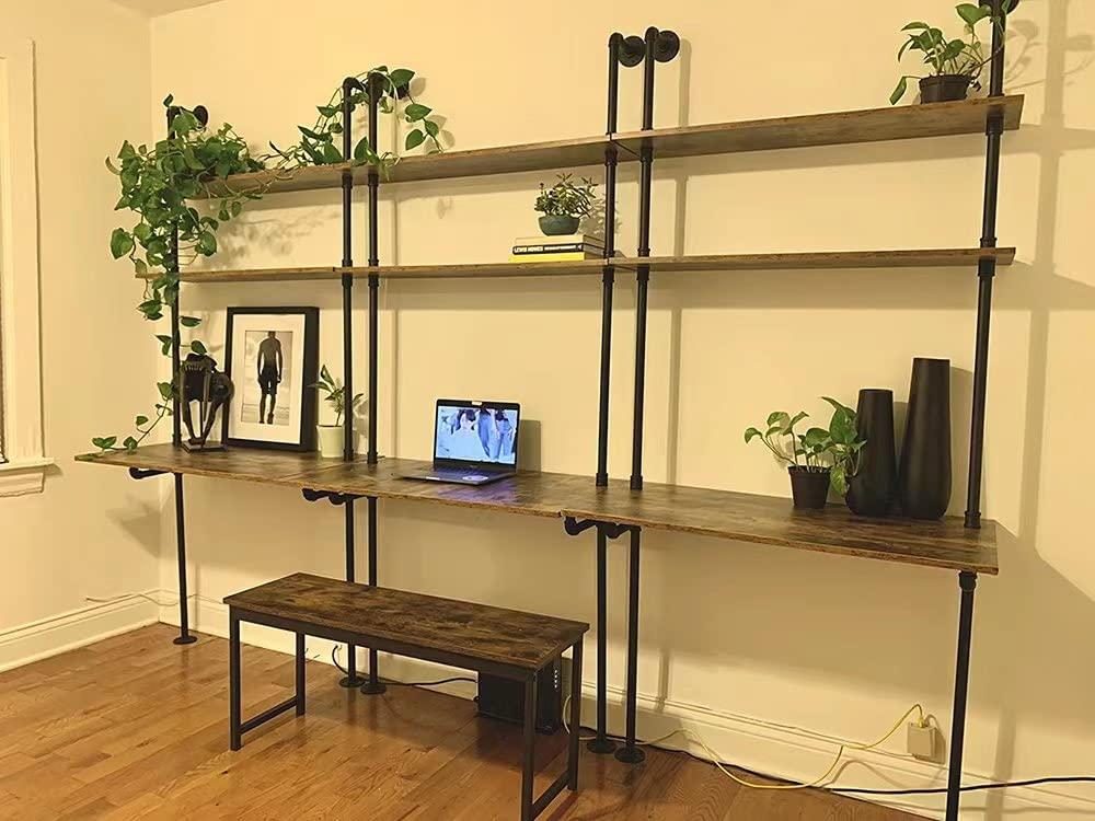 ZIOTHUM Industrial Wall Mount Desk with Shelves, Ladder Style Computer Laptop Desk, Floating Table with Storage, Industrial Pipe Bookcase for Home Office (36x20x81)