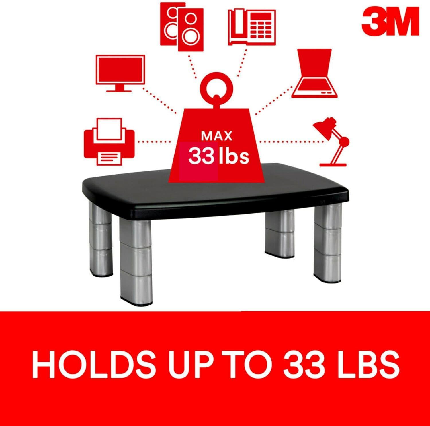 3M MS100B 21.6 in. x 9.4 in. x 2.7 in. to 3.9 in. Supports 33 lbs. Monitor Stand MS100B - Black/Clear