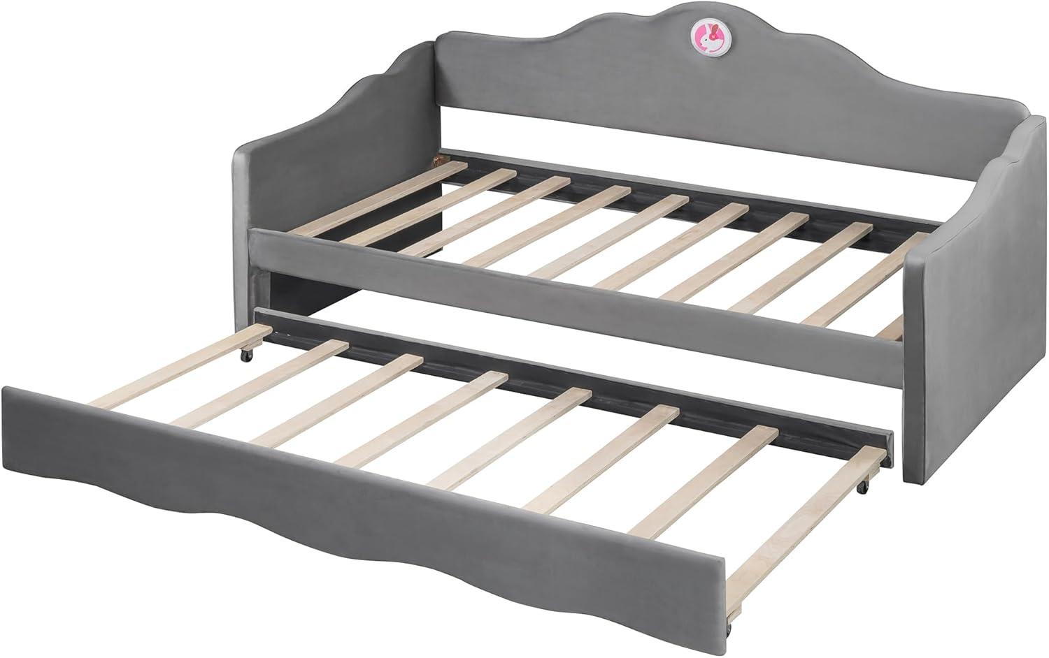 Ball & Cast Upholstered Twin Size Daybed with Trundle, Sofa Bed Frame with Wave-Shaped Back & Arm & Wood Slat Support, No Box Spring Needed, Gray