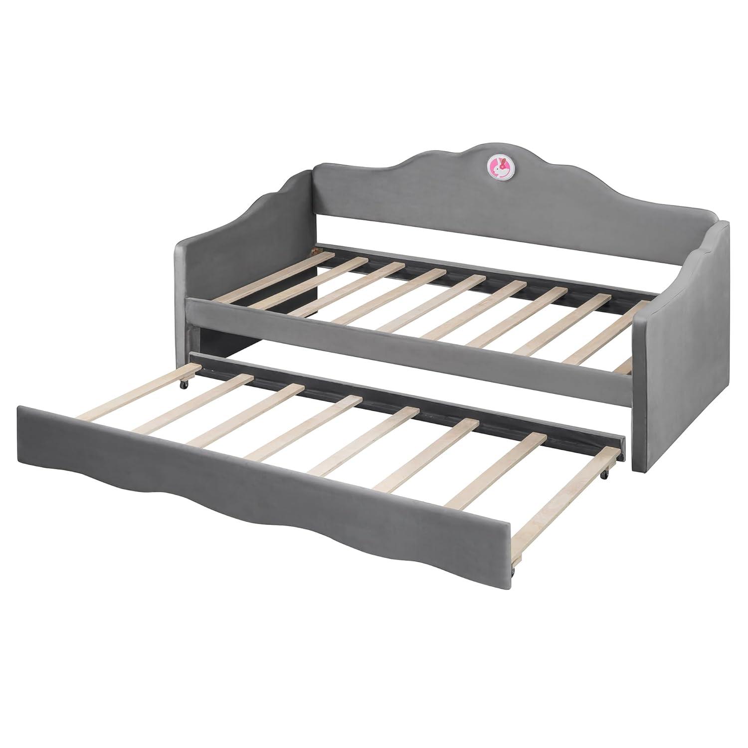 Ball & Cast Upholstered Twin Size Daybed with Trundle, Sofa Bed Frame with Wave-Shaped Back & Arm & Wood Slat Support, No Box Spring Needed, Gray