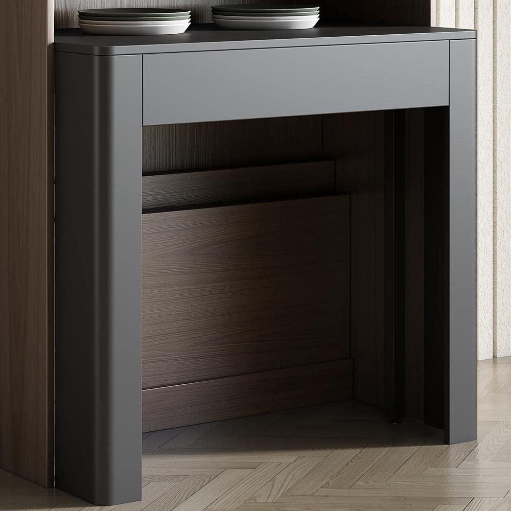 Modern Extendable Dining Table with Storage, Farmhouse Kitchen Table Rectangle Sideboard Glass Door (Walnut & Gray)