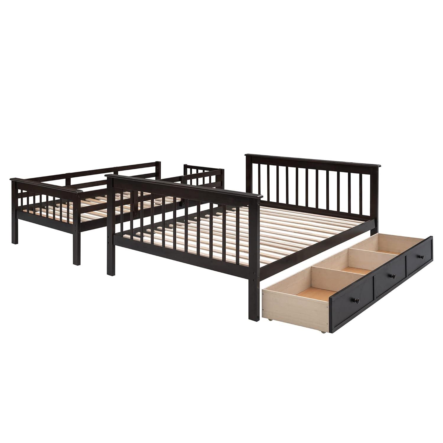 Twin Over Full Bunk Bed Frame With Storage Drawers, Shelves, Guardrails and Stairs for Kids, Teens and Adults - Espresso