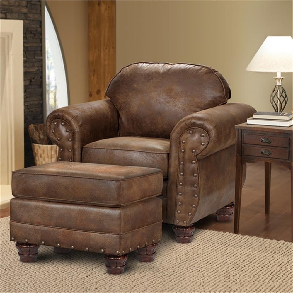 Rustic Brown Microfiber Accent Chair with Ottoman