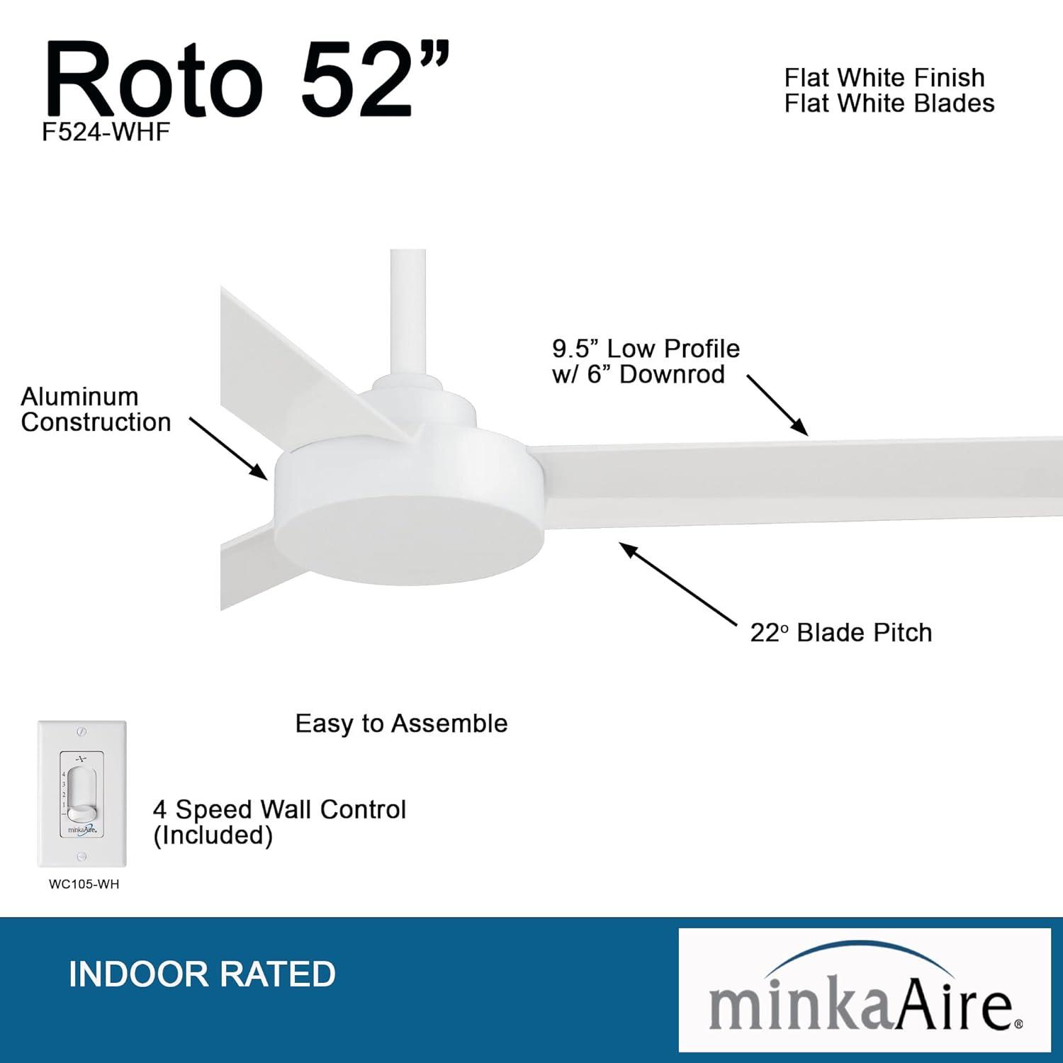 52" Minka Aire Modern 3 Blade Indoor Ceiling Fan Flat White for Living Room Kitchen Bedroom Family Dining Home House Office