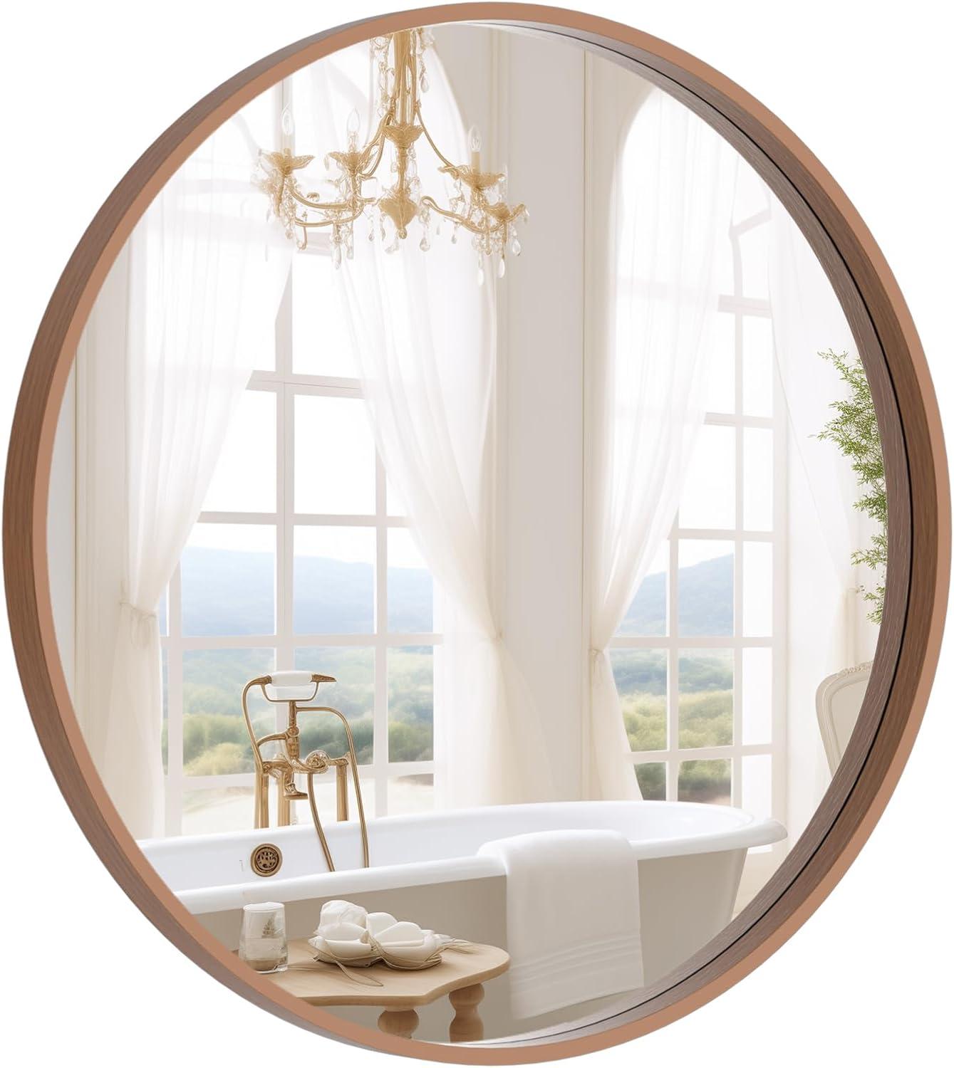 Walnut Wood Frame Round Wall Mirror 24 Inches