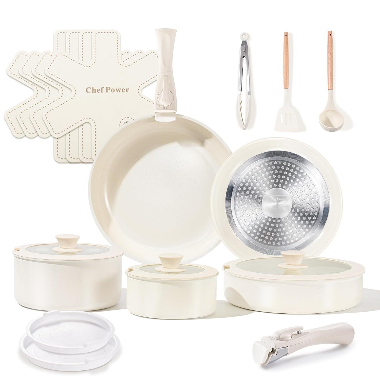 Chef Power Chef Power 19pcs Cream Cake Ceramic Nonstick Pots and Pans Set, Cookware Sets Detachable Handle