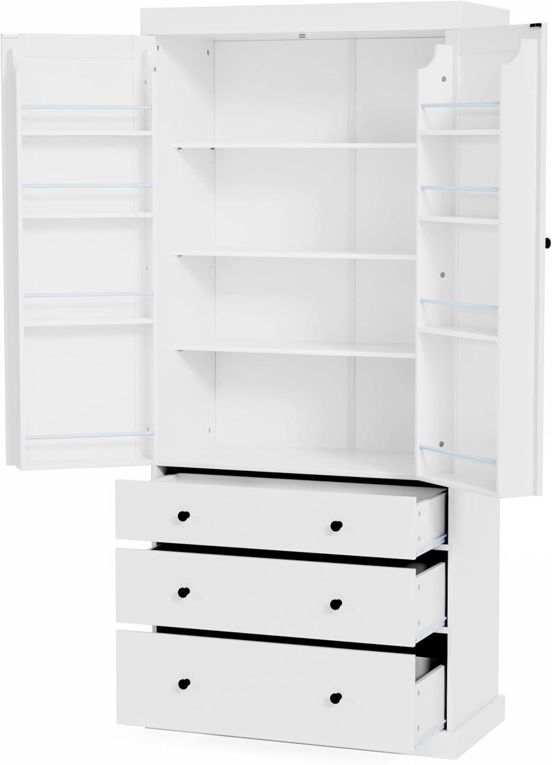 77inch Farmhouse Kitchen Pantry, Wood Storage Cabinet With 3 Adjustable Shelves, Freestanding Tall Cupboard Storage Cabinet With 8 Door Shelves And 3 Drawers For Kitchen, Dining Room (White-CR)