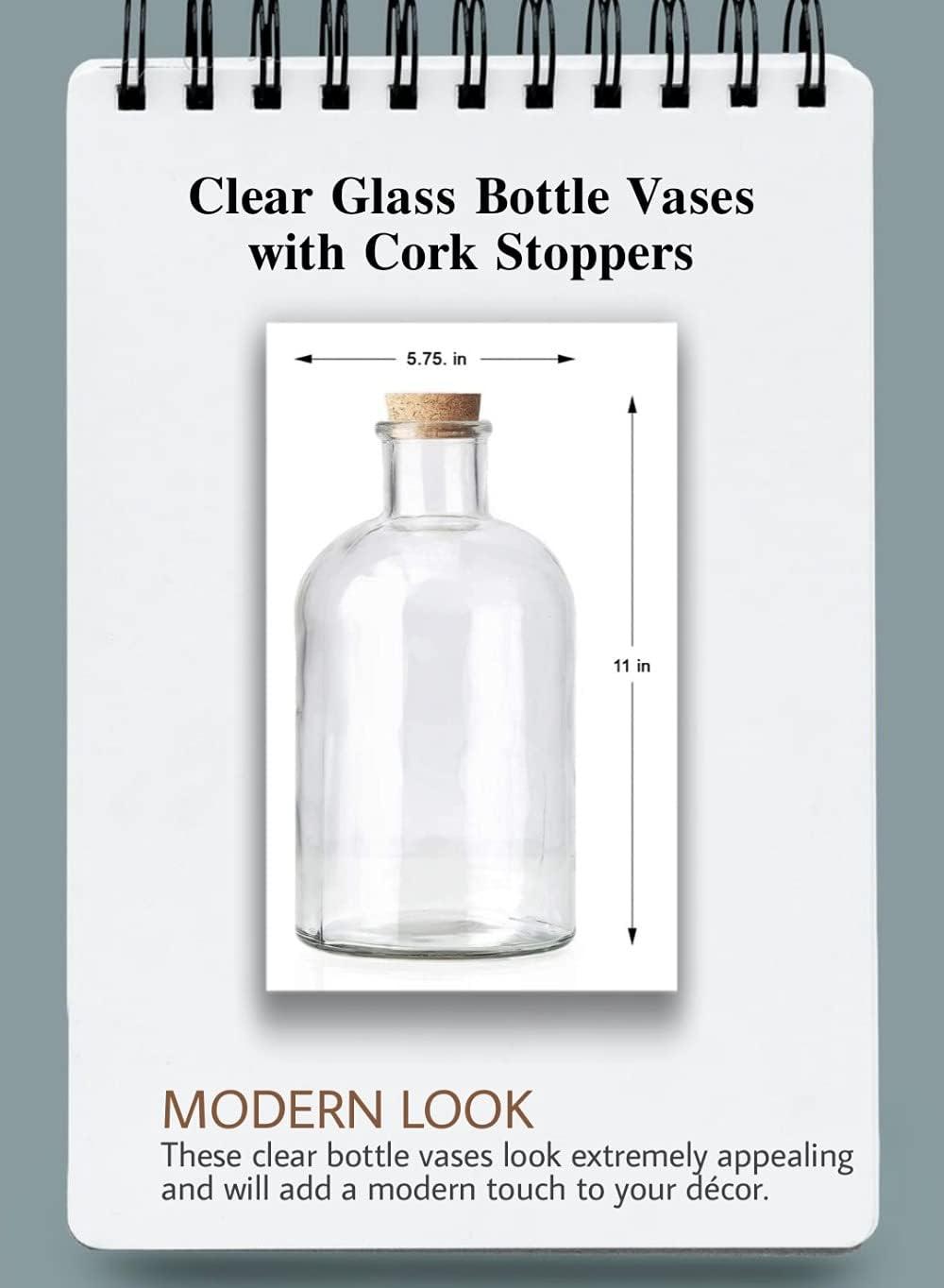 Clear Glass Bottle Vase with Cork Stopper, 11" Tall