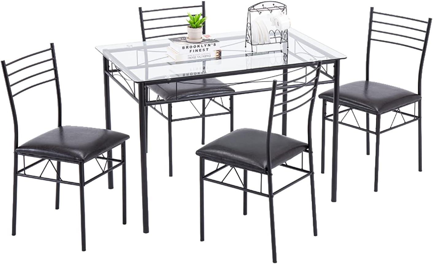 Modern Black Metal and Glass 5-Piece Dining Set