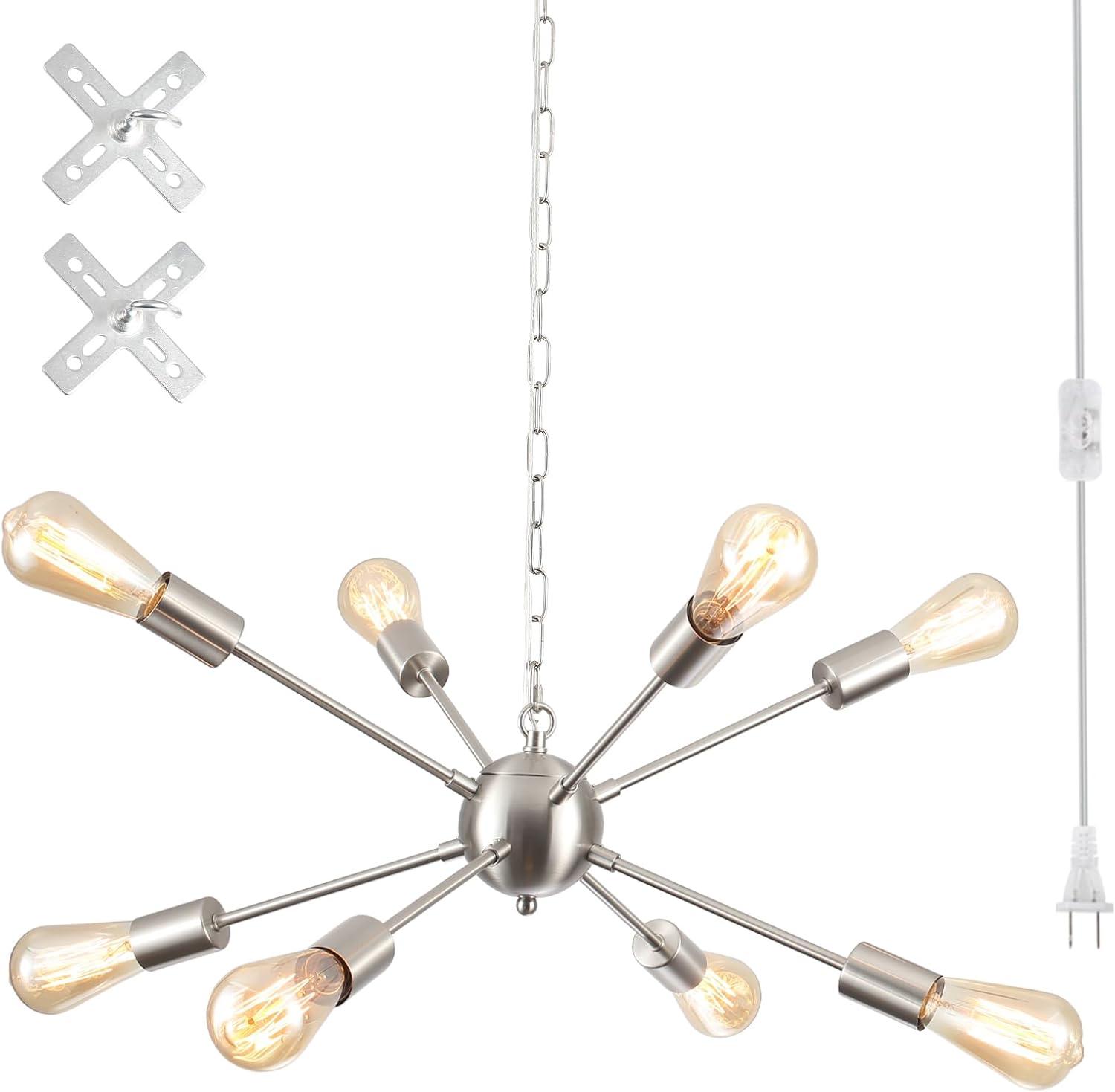 Sputnik Chandelier 8 Lights Brushed Nickel Modern Pendant Lighting Mid Century Flush Mount Ceiling Light Fixture Adjustable Height for Kitchen Dining Room Living Room Bedroom Foyer