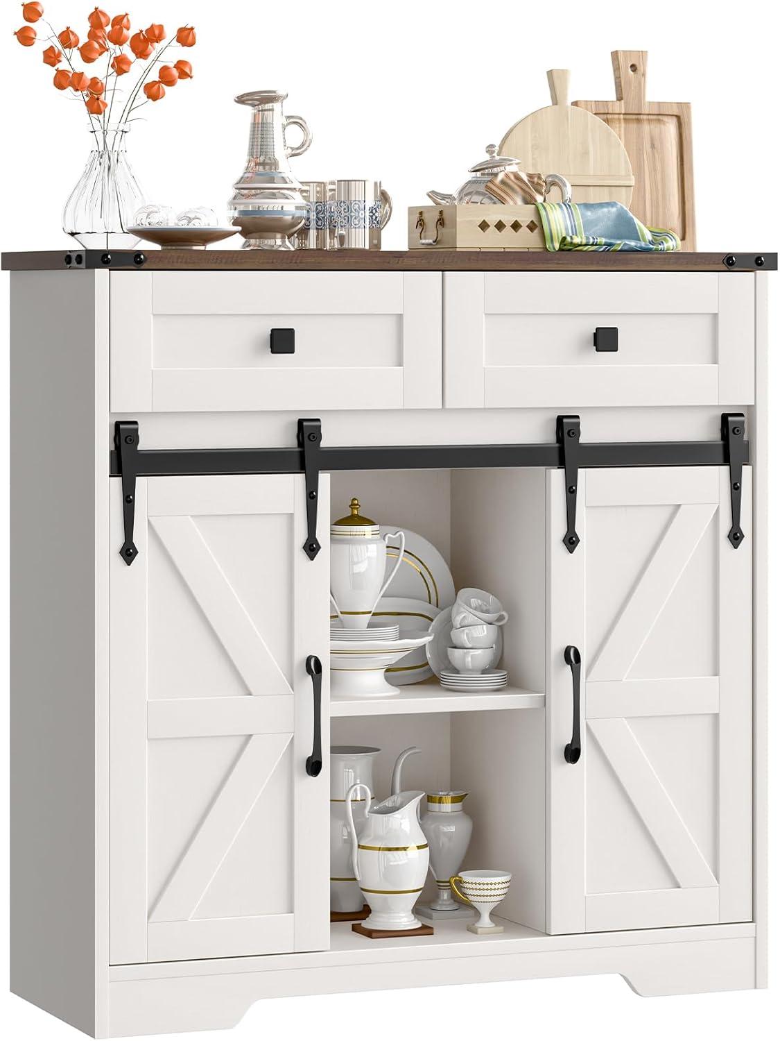 Farmhouse Storage Cabinet, Bathroom Cabinet with Sliding Barn Doors, Floor Storage Cabinet with Adjustable Shelves and 4 Drawers for Kitchen, Living Room, Dining Room, Modern White