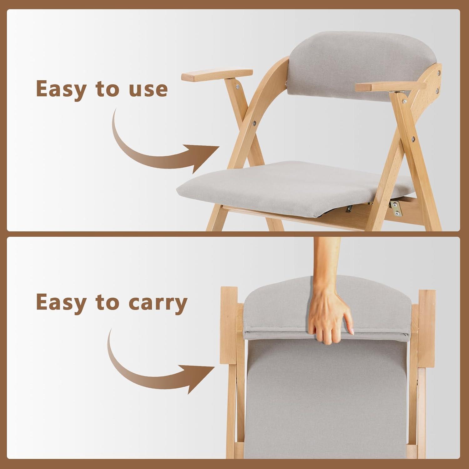 IVV Set of 2 Wooden Folding Chairs with Padded Seats and Backrests, Beechwood Frame Portable Chairs with Light Gray PU Leather Cushion