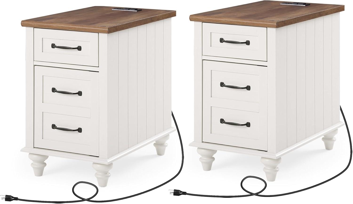 WAMPAT 2 Pack End Tables with Charging Station, Farmhouse Side Table with Drawer & Storage Cabinet, White Nightstand with Power Outlets & USB Ports for Living Room, Bedroom