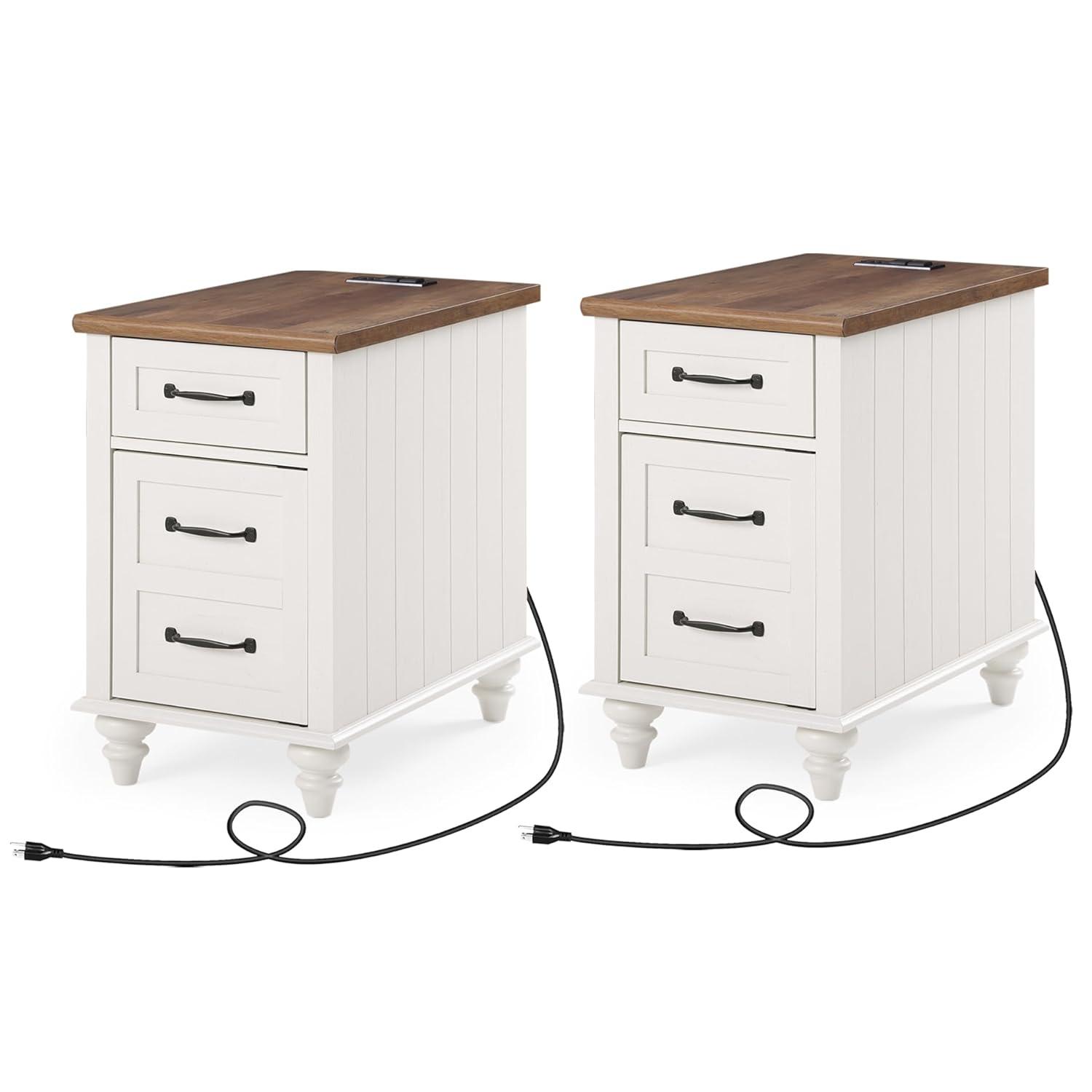 WAMPAT 2 Pack End Tables with Charging Station, Farmhouse Side Table with Drawer & Storage Cabinet, White Nightstand with Power Outlets & USB Ports for Living Room, Bedroom