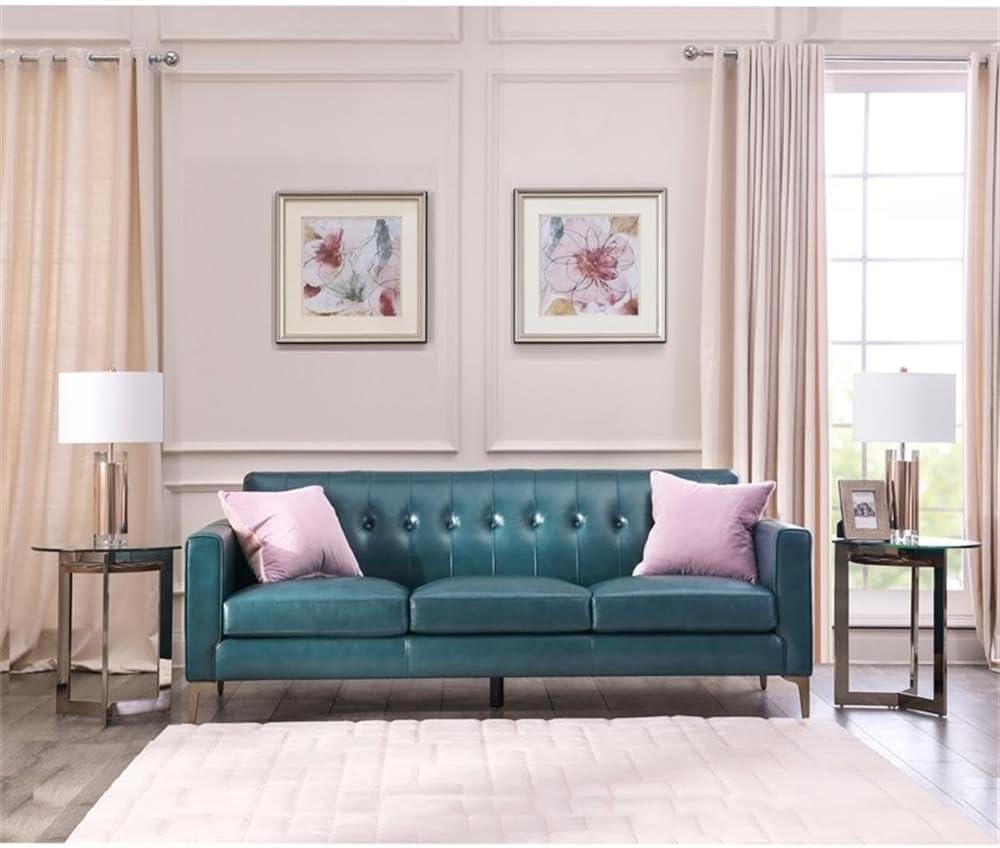 Turquoise Leather Tufted Sofa with Removable Cushions