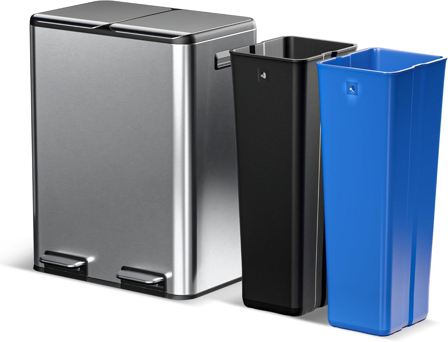 Home Zone Living Home Zone Living 15.8 Gallon Kitchen Trash Can With Dual Removable Liners For Recycling And Trash, Stainless Steel