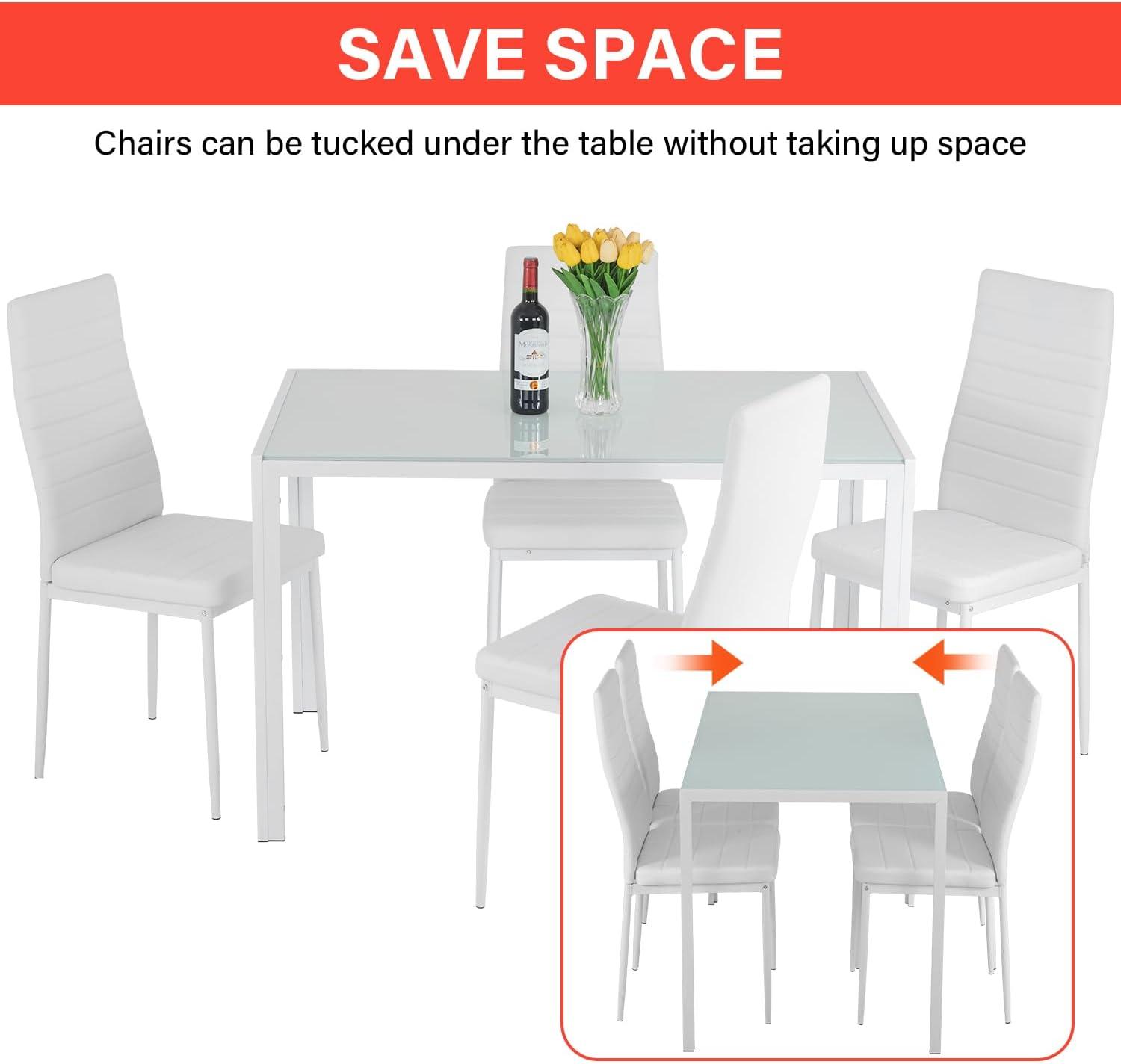 PayLessHere Dining Table Set Glass for Small Spaces Kitchen Table and Chairs for 4 Table with Chairs Home Furniture Rectangular Modern, White Glass